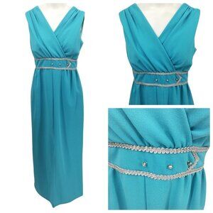 Vintage 70s Sleeveless Maxi Formal Dress Size S? Blue Rhinestone Silver V Neck